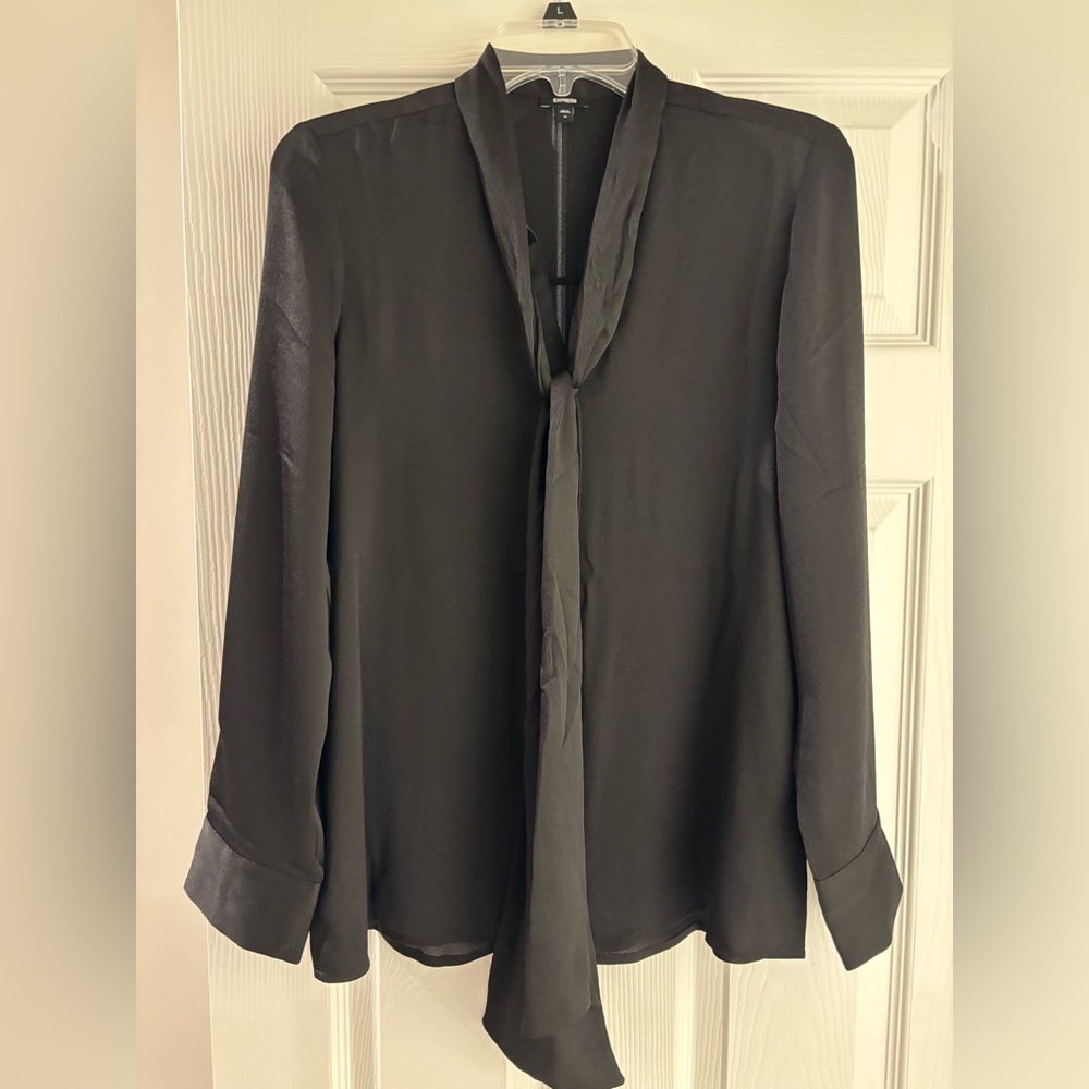 Express black sheer button up blouse with loose ribbon tie.